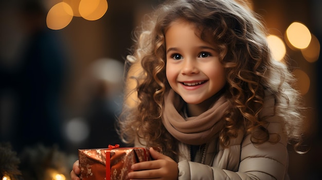 arafed girl holding a present in front of a christmas tree Generative AI