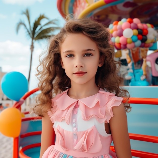 arafed girl in a pink dress standing in front of a carousel generative ai