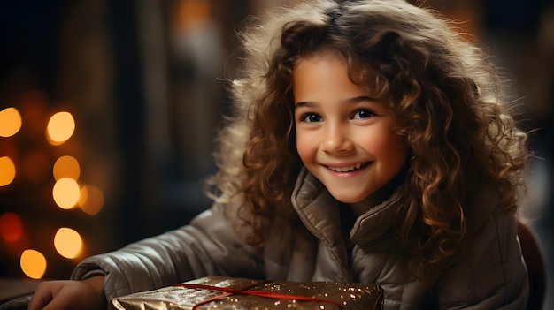 arafed girl with curly hair holding a present in front of a christmas tree Generative AI