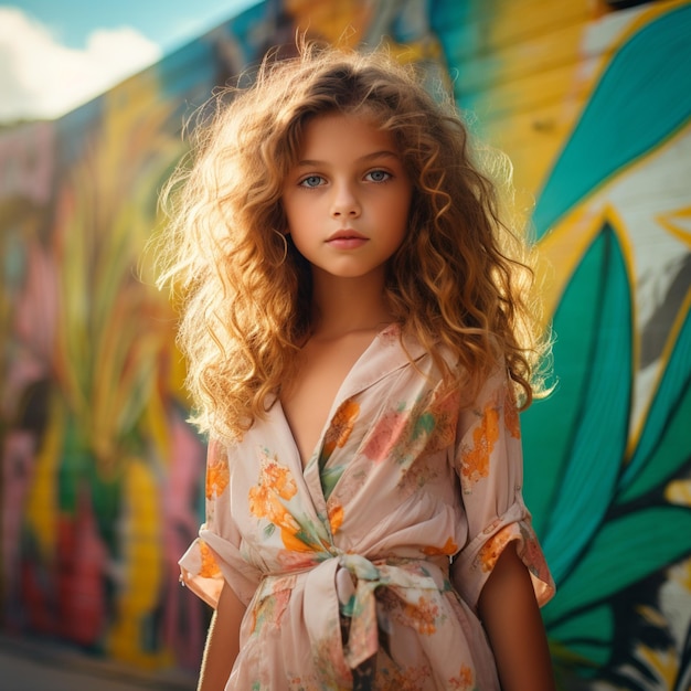 arafed girl with curly hair standing in front of a wall with graffiti generative ai