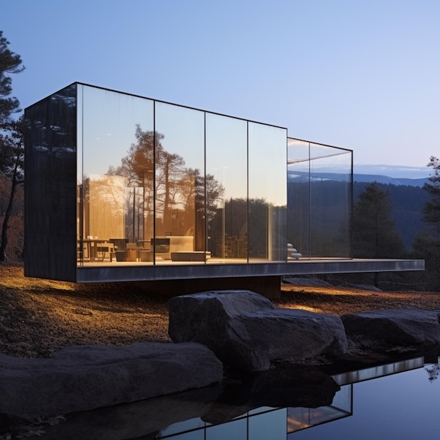 arafed glazen huis met een weerspiegeling van bomen in de generatieve ai van het water