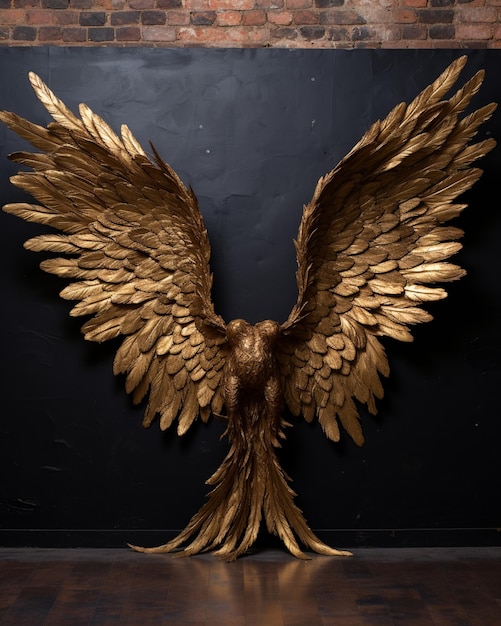 Скульптура золотого орла на черной стене с кирпичной стеной