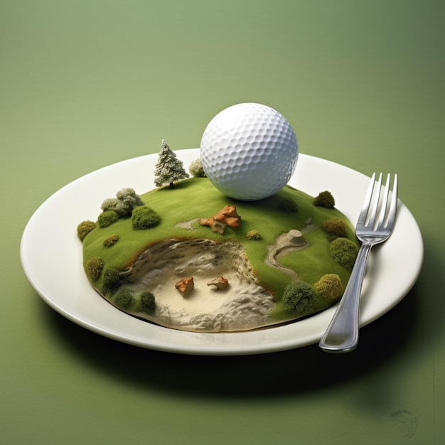 Arafed golf ball on a plate with a fork and knife generative ai