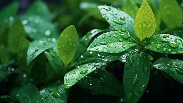 arafed green leaves with water droplets on them generative ai