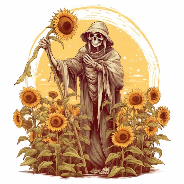 arafed grim with a scythe standing in a field of sunflowers generative ai