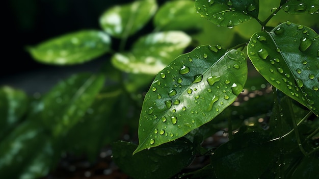 Arafed groene bladeren met waterdruppels op hen in een tuin generatieve ai