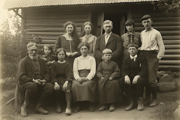 Группа людей, сидящих перед бревенчатым домиком