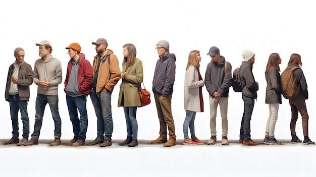 Photo arafed group of people standing in a line with one man looking at his phone generative ai