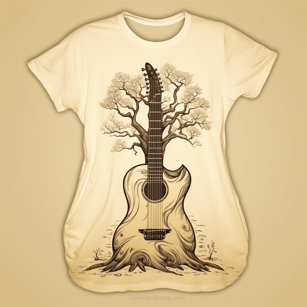 Foto chitarra arafed seduta su un tronco di albero con un albero sullo sfondo generativo ai
