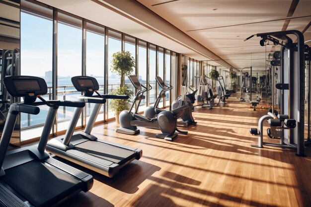 Photo arafed gym room with treads and stationary bikes and a view of the city generative ai