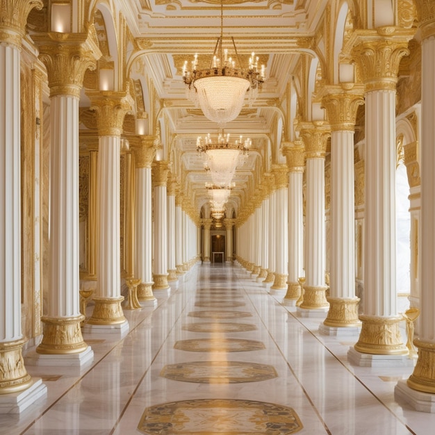 Arafed hallway with gold columns and chandeliers and a marble floor generative ai