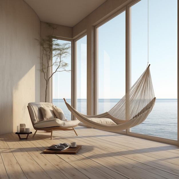 arafed hammock in a room with a view of the ocean generative ai
