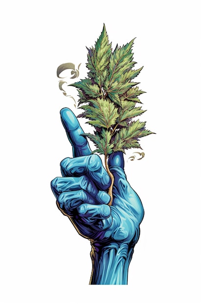 사진 파란색 몸체 생성 ai가 있는 마리화나 식물을 들고 있는 아라페드 손