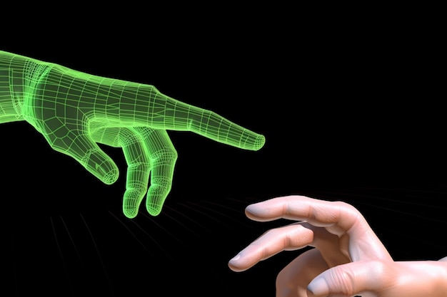 Photo arafed hand touching a finger with a green wireframe model generative ai