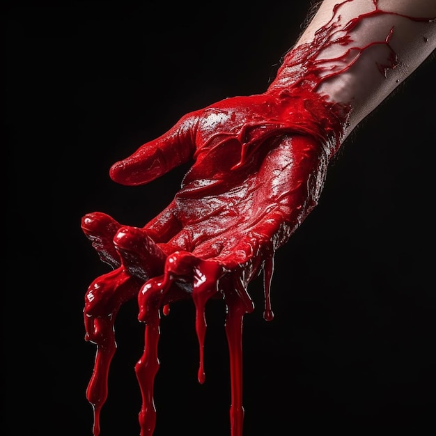 Фото Растраченная рука с кровью, капляющейся из нее и капляющей кровью на ней генеративный ай