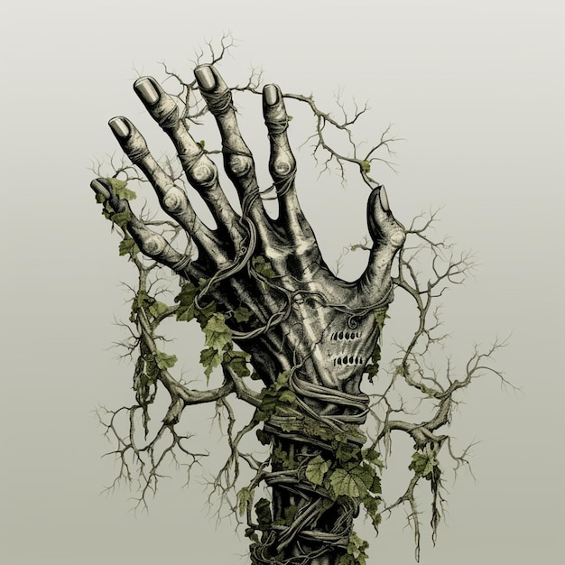 Photo arafed hand with a tree and vines wrapped around it generative ai