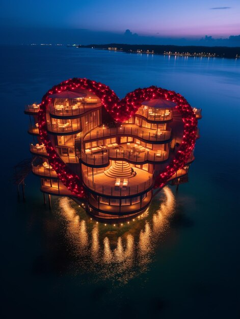 Arafed heart shaped floating house with lights on the water generative ai