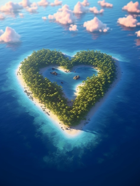 arafed heart shaped island in the middle of the ocean generative ai