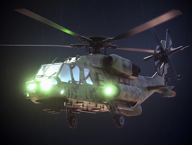 Photo arafed helicopter with lights on flying in the dark generative ai