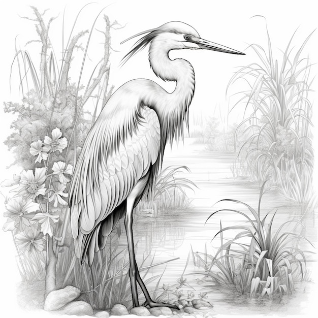 arafed heron standing in front of a pond with flowers and grass generative ai