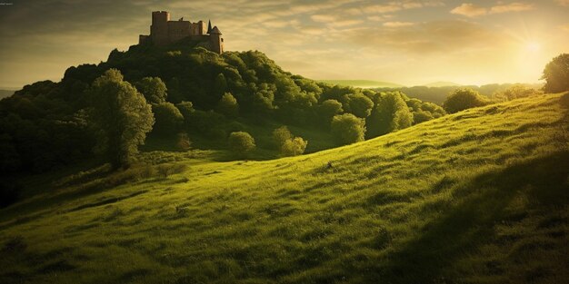 Photo arafed hill with a castle on top of it with trees on the side generative ai