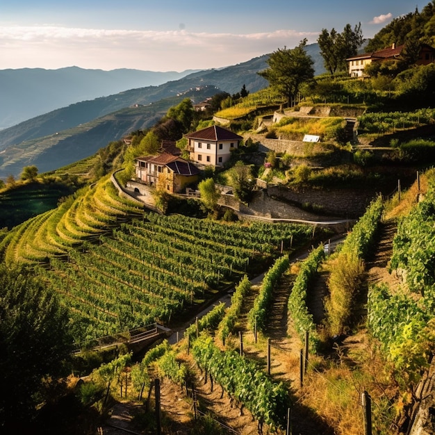 Arafed hillside with a house and vineyard in the foreground generative ai