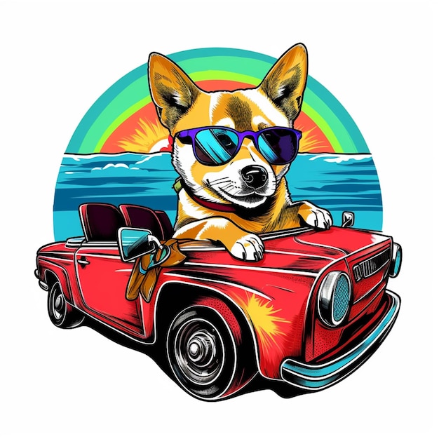 Arafed hond in zonnebril rijdt een rode cabriolet auto generatieve ai