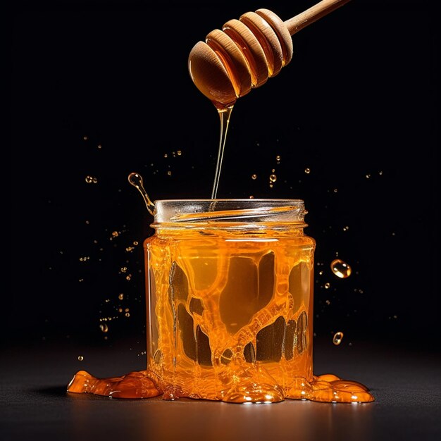 Arafed 꿀을 나무 숟가락 생성 AI로 항아리에 붓고 있습니다.