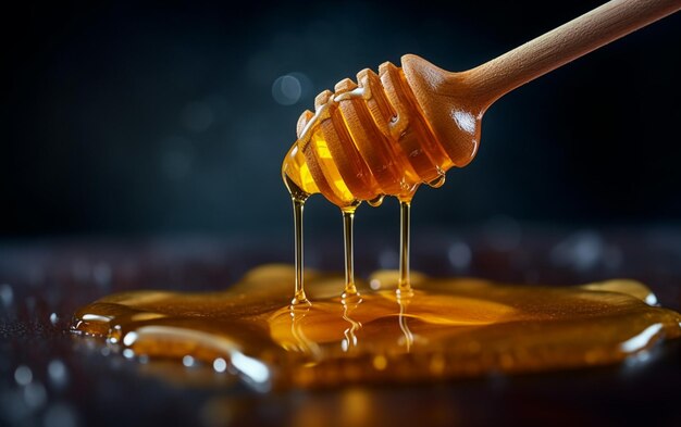 Arafed honing druppelt van een houten lepel op een tafel generatieve ai