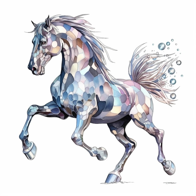 Arafed horse with a white mane and a blue tail generative ai