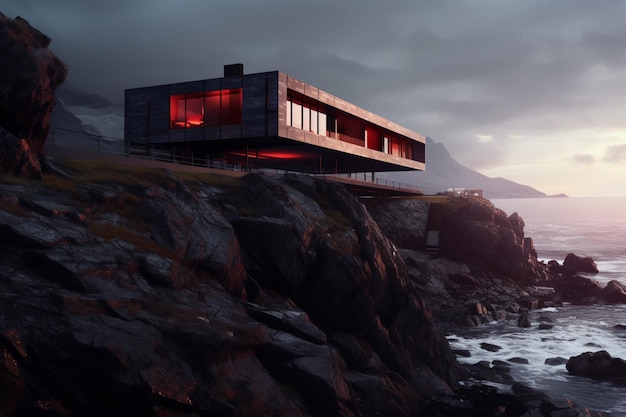 Arafed house on a cliff overlooking the ocean at sunset generative ai