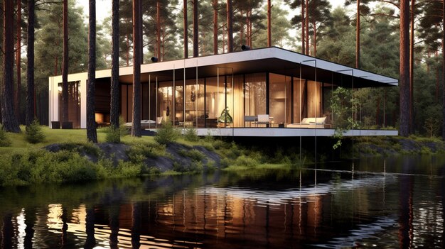 Arafed house in the middle of a forest with a lake in front generative ai