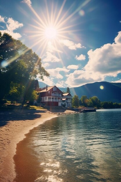 arafed house on the shore of a lake with a boat in the water generative ai