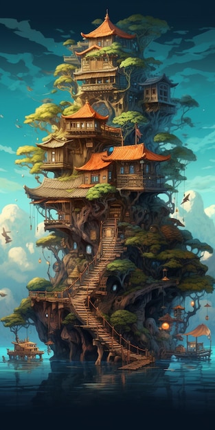 Арафированный дом на дереве посреди океана генеративный ай