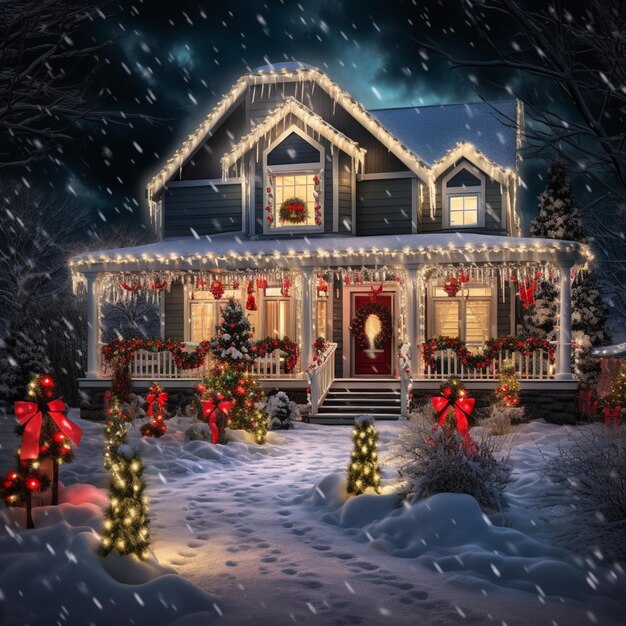 Arafed house with christmas lights and decorations in the snow generative ai