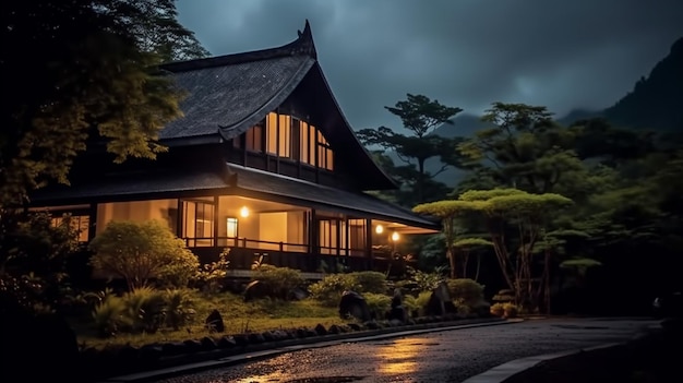 Arafed house with a dark roof and a light on generative ai