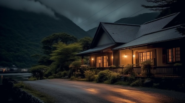 Arafed house with a dark roof and a light on the side of the road generative ai