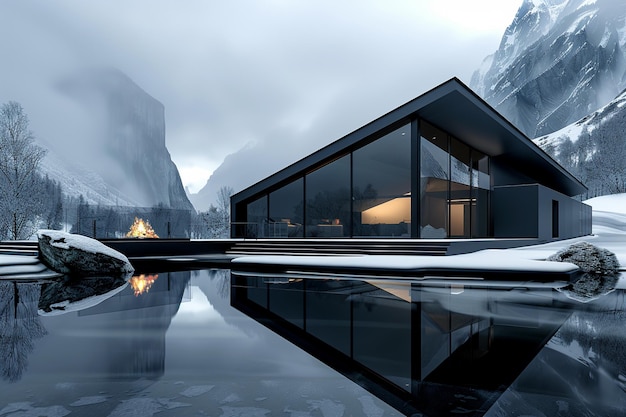 arafed house with a glass wall and a reflection in the water generative ai