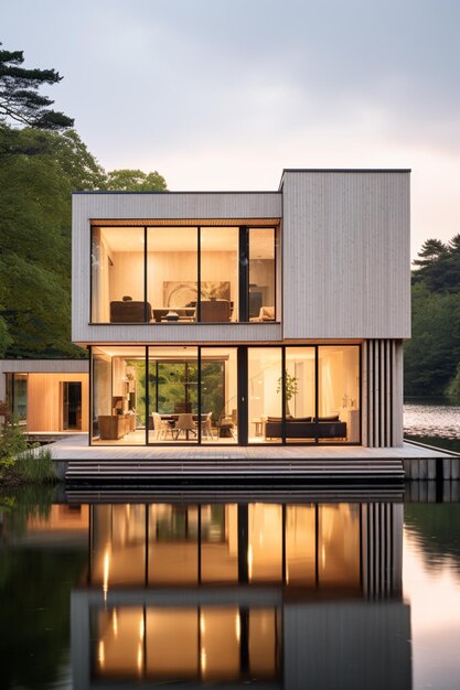 Arafed house with a large glass window sitting on a lake generative ai
