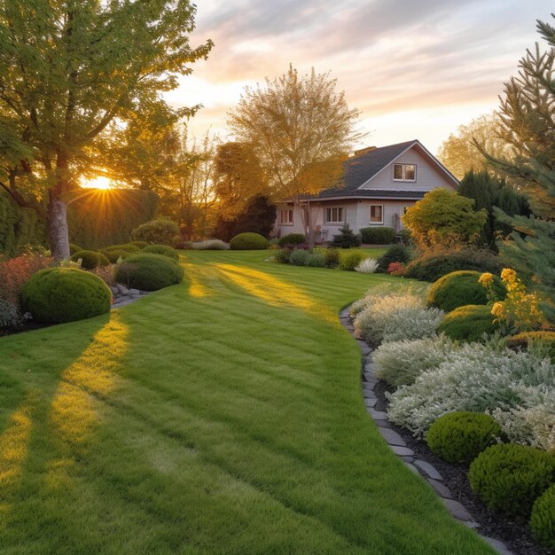 Arafed house with a lawn and a pathway in front of it generative ai