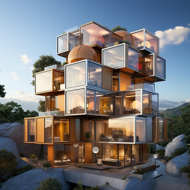 Arafed house with multiple levels of glass and wood generative ai