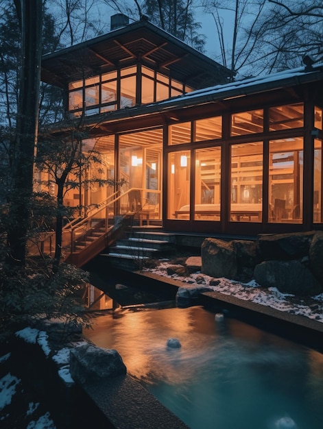 Arafed house with a pool and a covered patio in the evening generative ai