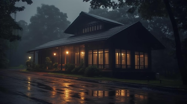 Arafed house with a porch and a covered porch in the rain generative ai