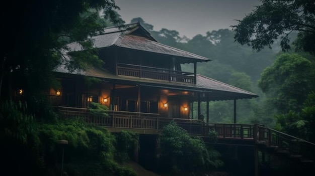 Arafed house with a porch and a covered porch in the rain generative ai