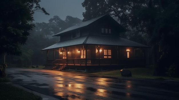 Arafed house with a porch and a porch light on in the rain generative ai