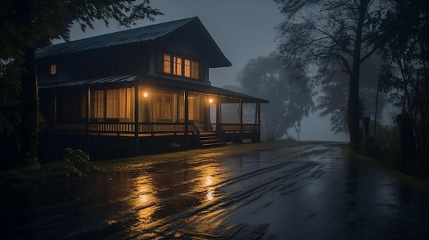 雨の中でポーチとポーチのライトがついたアラフェッドの家生成 AI