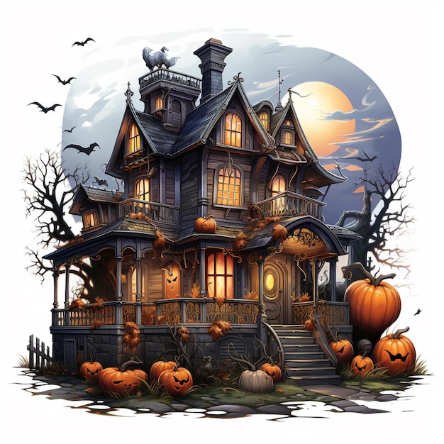 arafed house with pumpkins and bats in front of a full moon generative ai