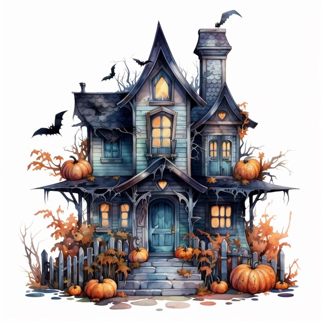 Arafed house with pumpkins and bats on the front generative ai