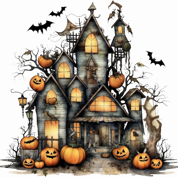 Arafed house with pumpkins and bats on the front generative ai