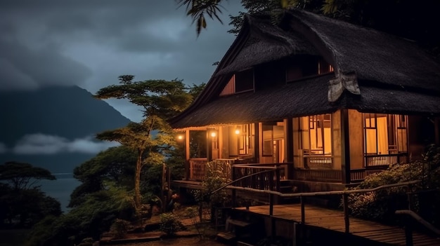 Arafed house with a thatched roof and a balcony lit up at night generative ai